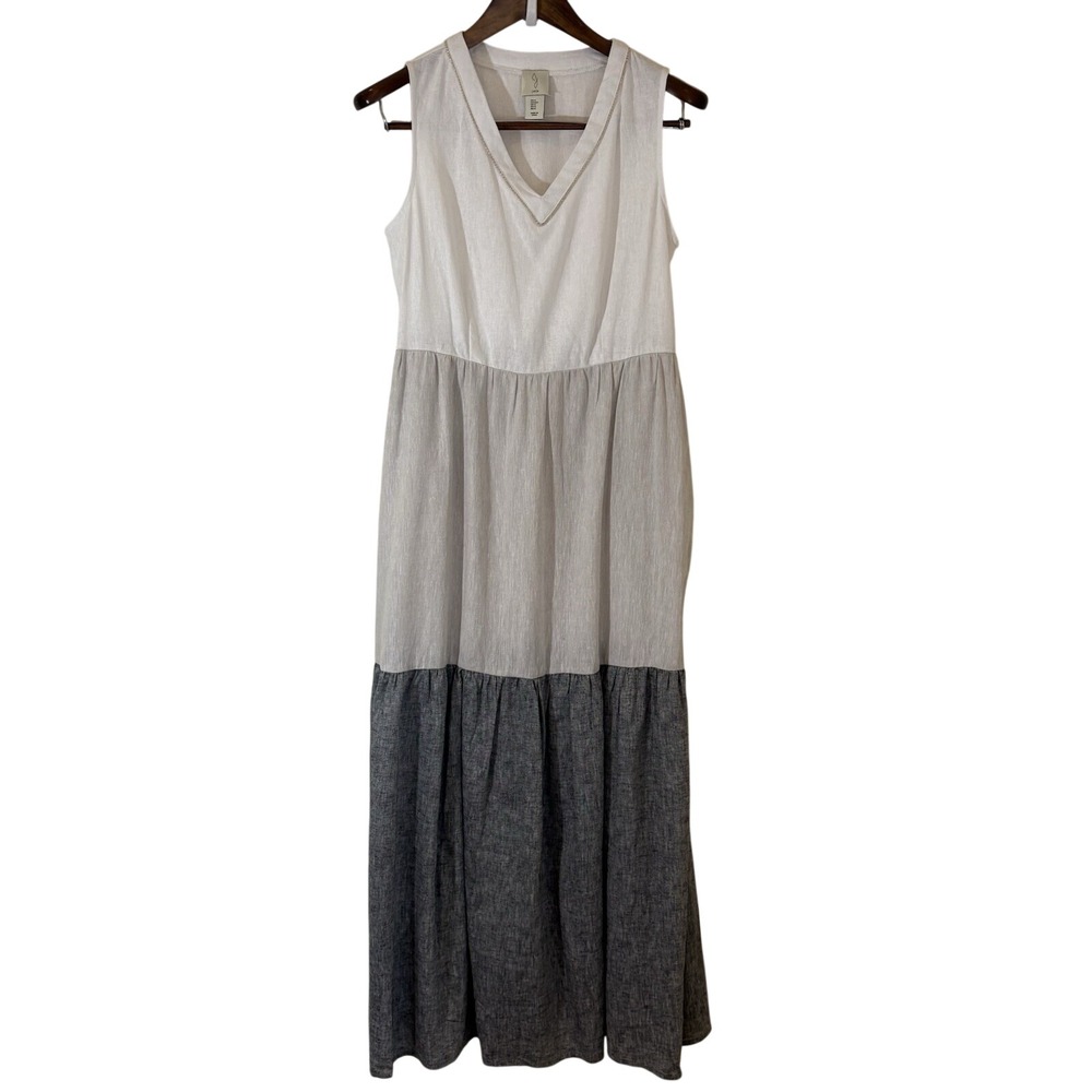 Joie Womens Linen Maxi Dress Small Colorblock Jeweled‎ Neck Minimalist Coastal